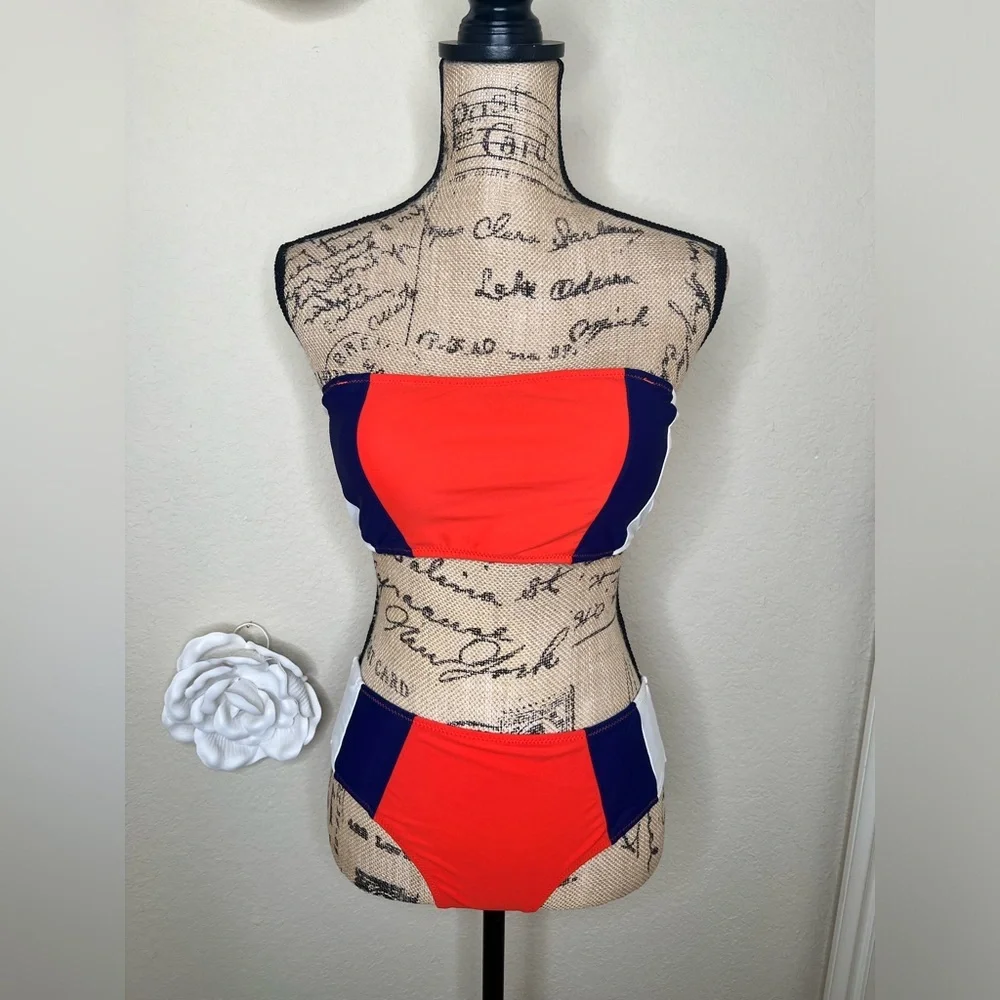 Cupshe Colorblock Bikini Set Orange Blue White Mid Rise Swim Size M - Picture 15 of 16
